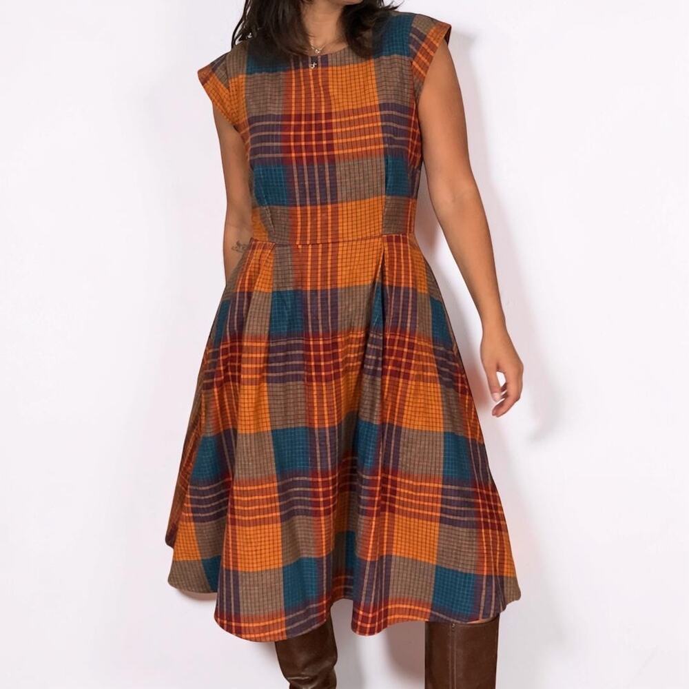 Mata Traders Plaid Cotton Fit Flare Dress Pockets Medium